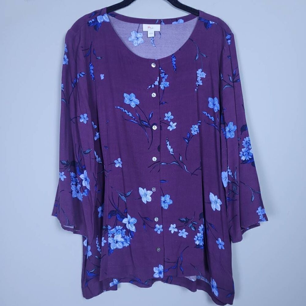 J Jill Womens Floral Button Front Top Size Large Purple Tie Back Career Office